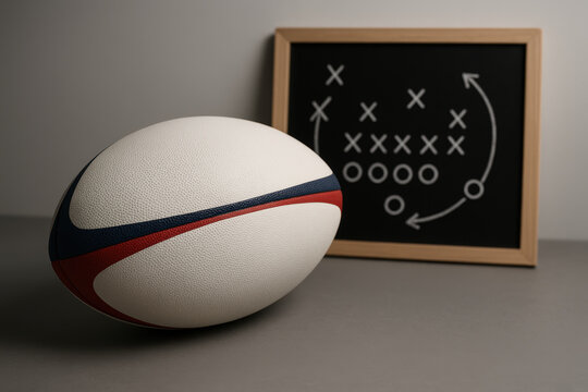 Rugby ball with tactical game plan drawn on chalkboard, strategy concept for team sports planning and competition analysis - Powered by Adobe