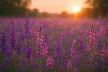 Obraz premium Enchanting wildflower meadow bathed in golden sunset light with dreamy bokeh effects