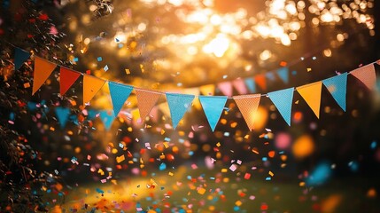 Colorful triangular flags hanging on a string with colorful confetti falling against a warm glowing background of trees at sunset, festive joyful atmosphere
