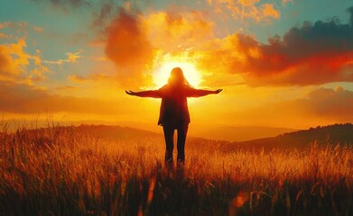 Silhouette of a person standing in tall grass with arms outstretched towards a vibrant golden sunset with dramatic clouds and distant hills