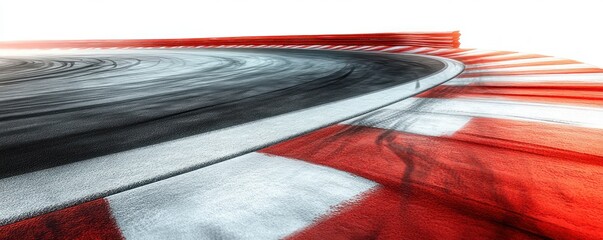 Close-up of a race track corner showing black tire marks on smooth asphalt and a red and white striped curb with a clean bright background