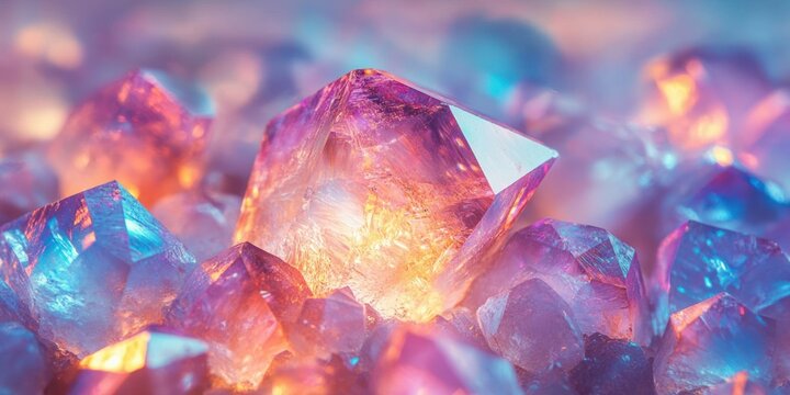 Close-up of translucent purple and blue crystals glowing with warm light emitting a magical and ethereal atmosphere - Powered by Adobe