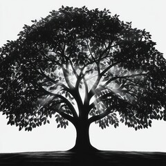 Large tree with dense foliage backlit by bright sunlight creating radiant beams through the leaves on a grassy ground