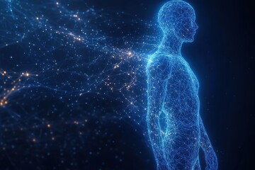 Digital human figure made of interconnected blue glowing lines and nodes with network extending from the back on dark background, symbolizing connectivity and technology