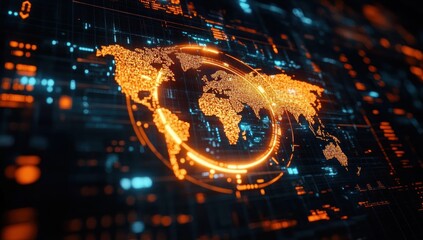 Futuristic digital world map glowing in orange with circular data visualization and high-tech interface elements on dark background