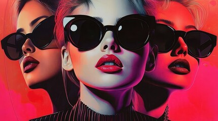 Three stylish women wearing large black sunglasses with bold red lipstick against a vibrant red background, exuding confidence and modern glamour