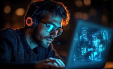 Young focused man wearing glasses and headset using laptop with holographic digital interface in dark environment