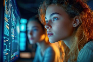 Two young women focused on brightly lit computer screens displaying coding or data in a dimly lit room conveying concentration and engagement