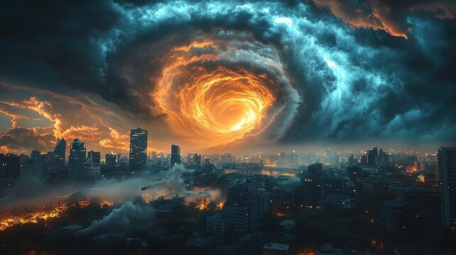 Dramatic cityscape with a massive swirling fiery storm vortex above urban buildings under dark, turbulent clouds and glowing fires below, evoking intense chaos and destruction