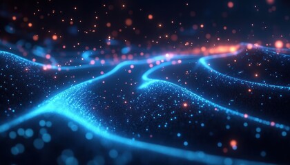 Abstract digital landscape with glowing blue waves and floating orange particles creating a futuristic and dynamic atmosphere