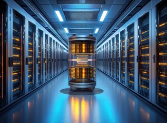 Modern data center corridor with illuminated server racks on both sides and a central futuristic cylindrical machine emitting orange and blue light