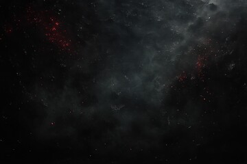 Dark textured background with scattered glowing red sparks and smoky mist creating a mysterious and dramatic atmosphere