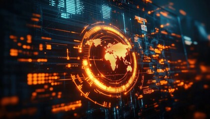 Futuristic digital interface displaying glowing orange holographic world map with data points and complex circuit-like structures on a dark background