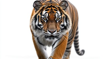 Fototapeta premium Majestic close-up of a tiger walking forward with intense focused gaze against a white background