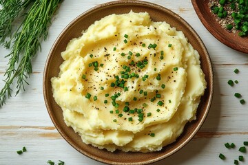 Creamy mashed potatoes garnished with chopped chives and freshly ground black pepper served in a rustic brown bowl on a white wooden surface with fresh herbs nearby