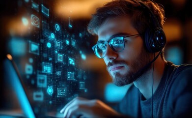 Focused young man wearing glasses and headset working on laptop with futuristic digital interface holograms around him in dimly lit environment