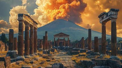 Ancient ruins with tall stone columns and temple remains under a sky filled with dramatic orange volcanic ash erupting from a large mountain volcano
