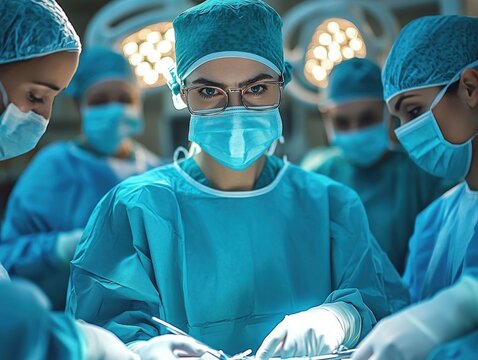 Focused surgical team performing an operation in a brightly lit operating room with intense concentration and teamwork