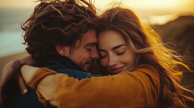 close-up of a couple embracing each other with eyes closed showing affection and warmth during golden hour near the seaside