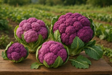 Fototapeta premium Organic purple cauliflower harvest showcasing colorful heirloom vegetables and sustainable farming