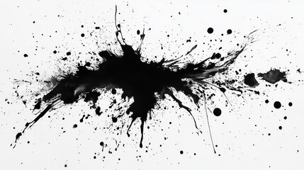 Abstract chaotic black ink splatter on white background creating irregular shapes and dynamic energy