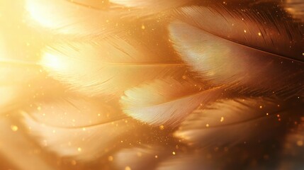 Close-up view of soft golden feathers illuminated by warm glowing light with delicate sparkling particles floating around