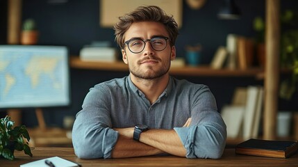 Fototapeta premium Confident young man with glasses sitting at wooden desk with arms crossed in modern cozy office environment