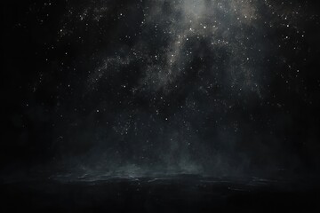 Obraz premium Dark misty night sky filled with sparkling stars and cosmic dust above a shadowy, indistinct horizon