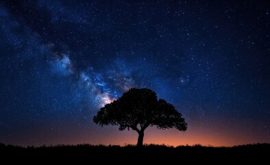 Silhouetted lone tree under a star-filled night sky with a visible band of the Milky Way and warm horizon glow