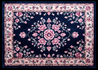 Rectangular floral rug with intricate pink and white flower patterns on dark blue background, surrounded by light border. design is symmetrical and elegant, adding touch of sophistication