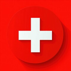 Obraz premium White medical cross symbol in a circular red background with a subtle shadow effect