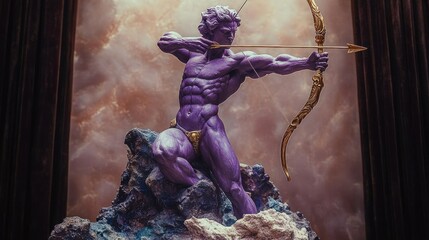 purple muscular male statue drawing a golden bow with an arrow, standing on rocky terrain, dramatic cloudy sky background