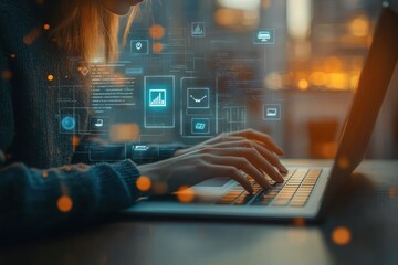 Person typing on laptop with digital holographic interface displaying data charts and icons in a dimly lit workspace conveying focus and technology use