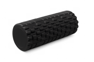 Black foam roller resting on transparent surface, supporting muscle recovery, myofascial release, physical therapy training