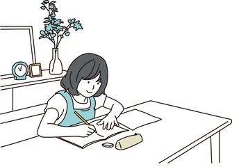 リビングで勉強をする小学生のシンプルイメージイラスト