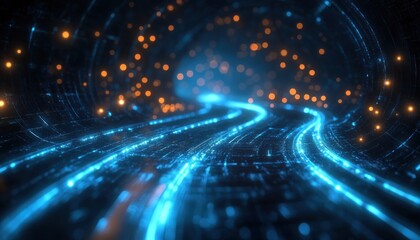 Futuristic glowing blue digital pathways inside a tunnel with orange light orbs floating in the background, creating a high-tech, cybernetic atmosphere