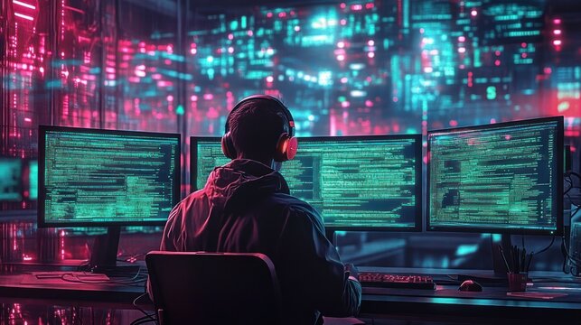 Person wearing headphones working intensely on multiple computer monitors displaying lines of code in a futuristic, neon-lit high-tech environment