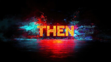 Glowing digital word THEN with glitch effects and vibrant red and blue neon colors on a dark reflective surface emitting a futuristic and dynamic atmosphere