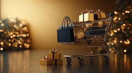 Golden shopping cart filled with wrapped gift boxes and a black shopping bag near blurred Christmas lights background
