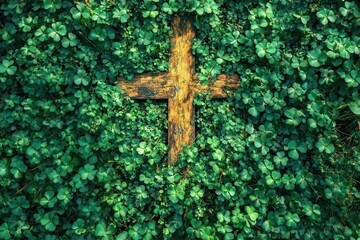 Old weathered wooden cross partially covered by dense green clover leaves in a natural setting