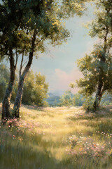 Fototapeta premium Tranquil Meadow: The Dance of Nature and Zephyr's Gentle Caress in a Serene Sunlit Landscape