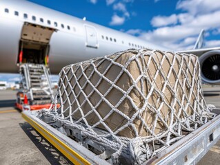 Cargo secured with net on a loading platform, airplane in the background, ready for transport.