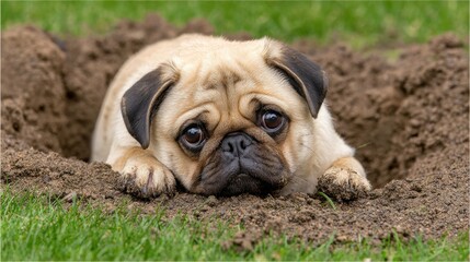 Obraz premium A Pug lies in a shallow hole dug in the dirt, looking directly at the camera with wide, soulful eyes, its paws dirty with soil.