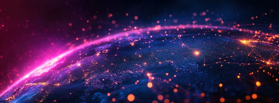 Digital representation of a global network with glowing nodes and interconnected points on a dark planet surface under a vibrant pink and purple atmosphere