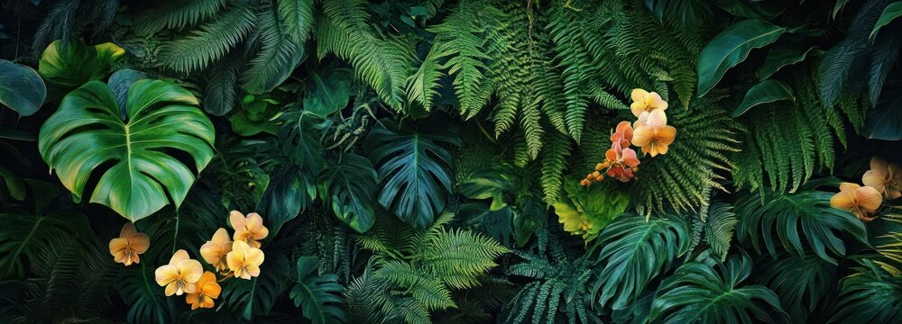 Lush green tropical foliage with large monstera leaves and delicate yellow and orange orchids creating a vibrant, natural jungle atmosphere