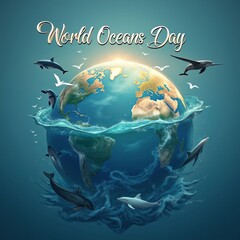 Naklejka premium Dolphins and birds surround the earth for world oceans day