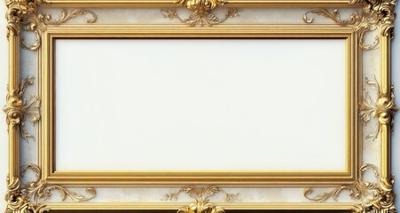 ornate rectangular golden picture frame with intricate floral and leaf patterns on white background