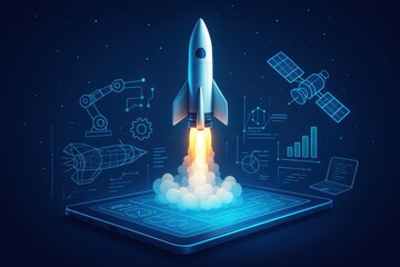 Obraz premium Space technology startup visualization with rocket launch from digital platform interface