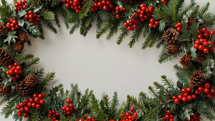 Festive christmas wreath with pinecones and red berries