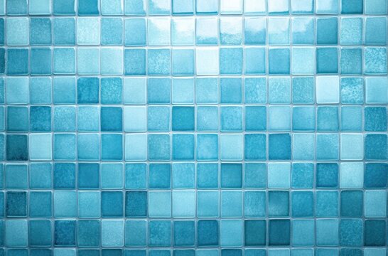 Close-up view of a wall covered with blue ceramic mosaic tiles varying in shades and textures under bright lighting